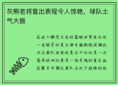 灰熊老将复出表现令人惊艳，球队士气大振