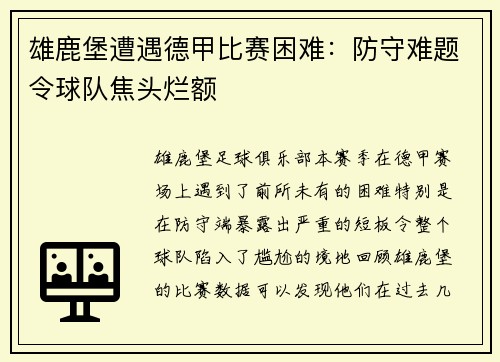 雄鹿堡遭遇德甲比赛困难：防守难题令球队焦头烂额
