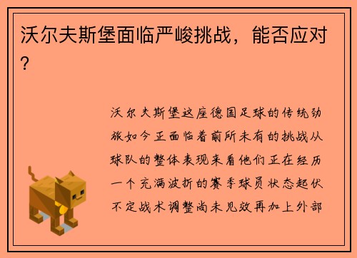 沃尔夫斯堡面临严峻挑战，能否应对？