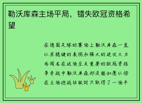 勒沃库森主场平局，错失欧冠资格希望