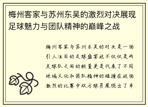 梅州客家与苏州东吴的激烈对决展现足球魅力与团队精神的巅峰之战