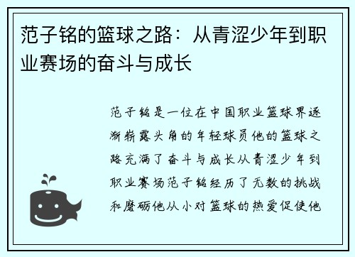 范子铭的篮球之路：从青涩少年到职业赛场的奋斗与成长