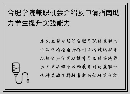 合肥学院兼职机会介绍及申请指南助力学生提升实践能力