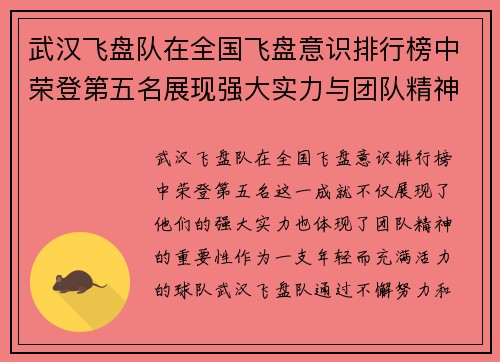 武汉飞盘队在全国飞盘意识排行榜中荣登第五名展现强大实力与团队精神