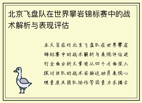 北京飞盘队在世界攀岩锦标赛中的战术解析与表现评估